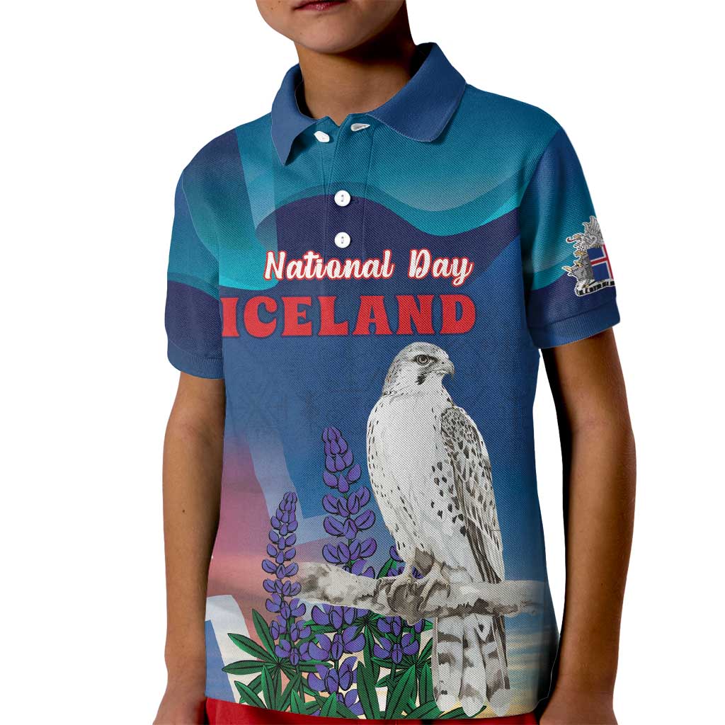 Personalized Iceland National Day Kid Polo Shirt Gyrfalcon With Lupine Flower