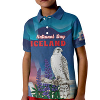 Personalized Iceland National Day Kid Polo Shirt Gyrfalcon With Lupine Flower
