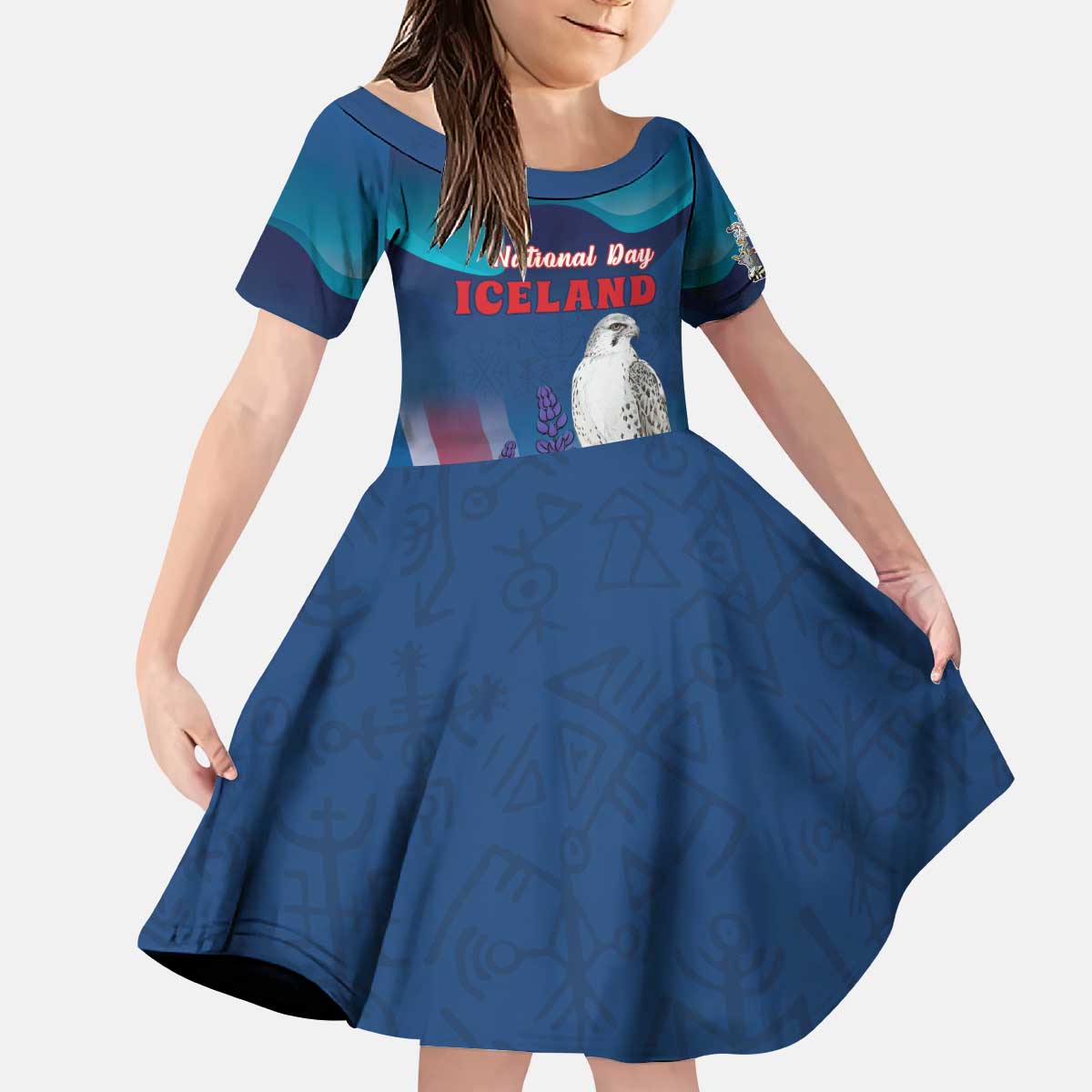 Personalized Iceland National Day Kid Short Sleeve Dress Gyrfalcon With Lupine Flower