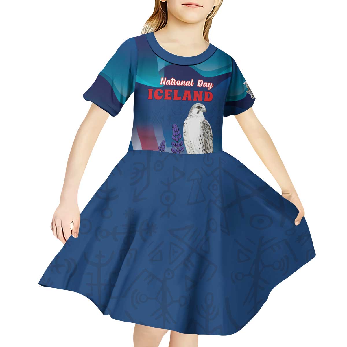 Personalized Iceland National Day Kid Short Sleeve Dress Gyrfalcon With Lupine Flower