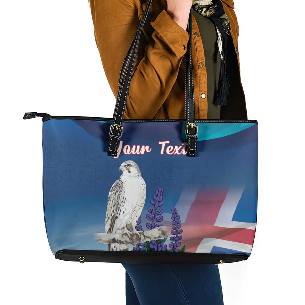 Personalized Iceland National Day Leather Tote Bag Gyrfalcon With Lupine Flower
