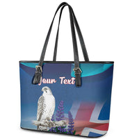 Personalized Iceland National Day Leather Tote Bag Gyrfalcon With Lupine Flower