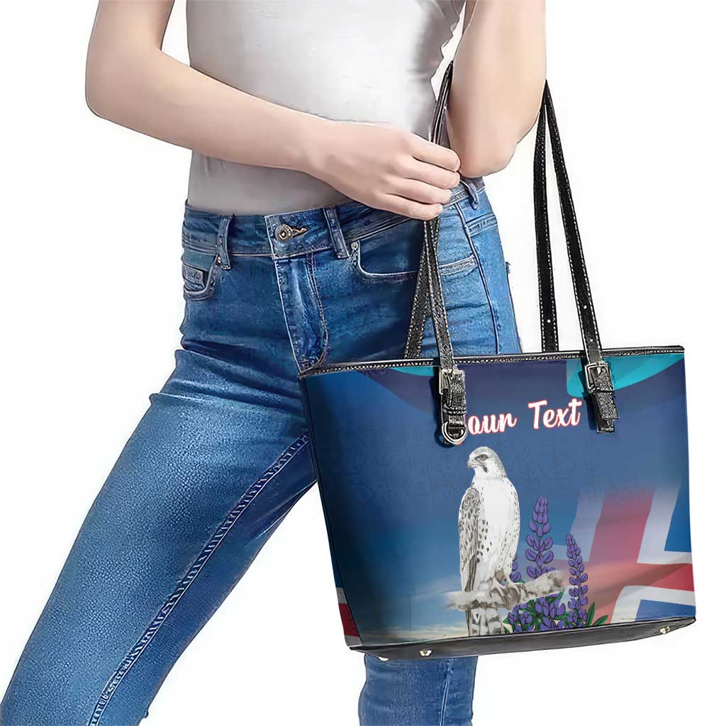 Personalized Iceland National Day Leather Tote Bag Gyrfalcon With Lupine Flower