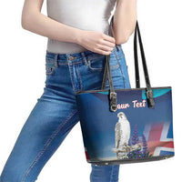 Personalized Iceland National Day Leather Tote Bag Gyrfalcon With Lupine Flower
