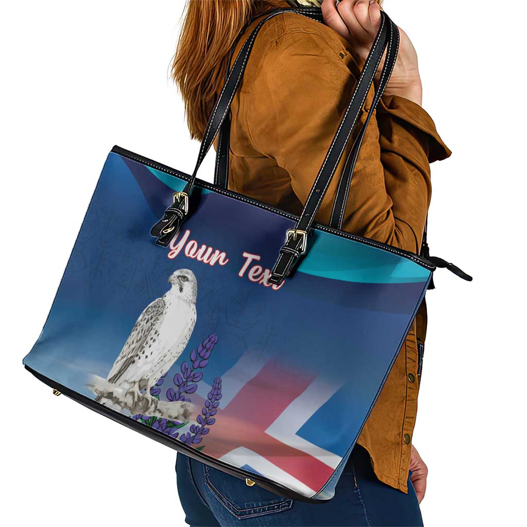 Personalized Iceland National Day Leather Tote Bag Gyrfalcon With Lupine Flower
