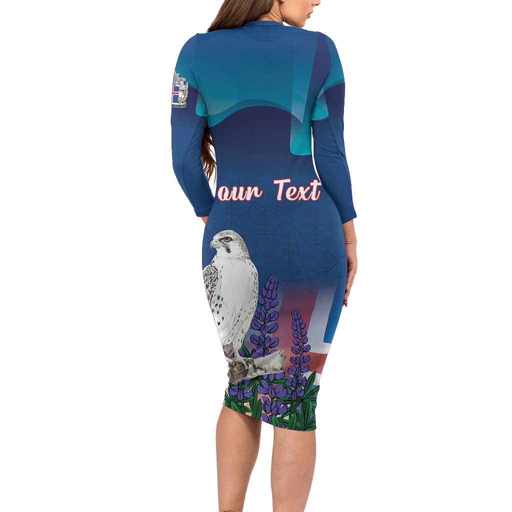 Personalized Iceland National Day Long Sleeve Bodycon Dress Gyrfalcon With Lupine Flower