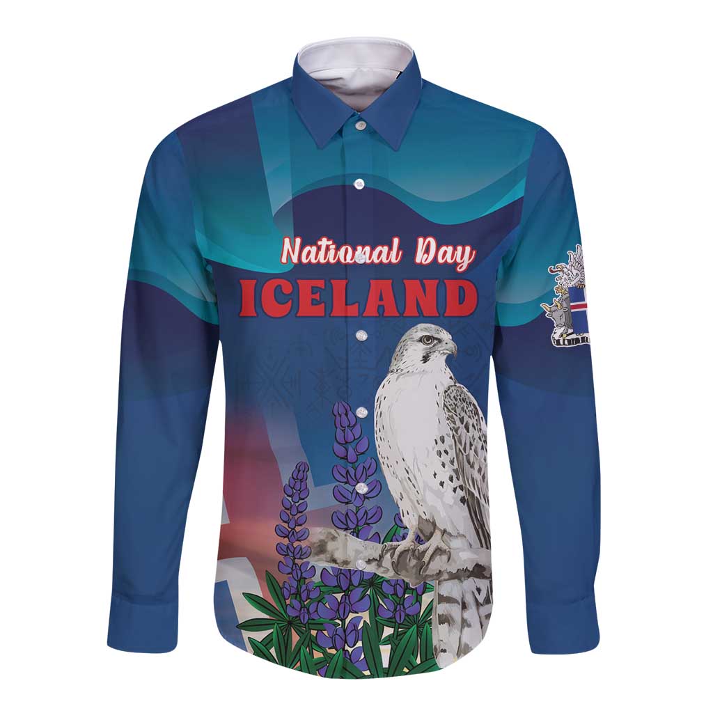 Personalized Iceland National Day Long Sleeve Button Shirt Gyrfalcon With Lupine Flower