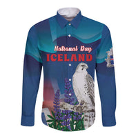 Personalized Iceland National Day Long Sleeve Button Shirt Gyrfalcon With Lupine Flower