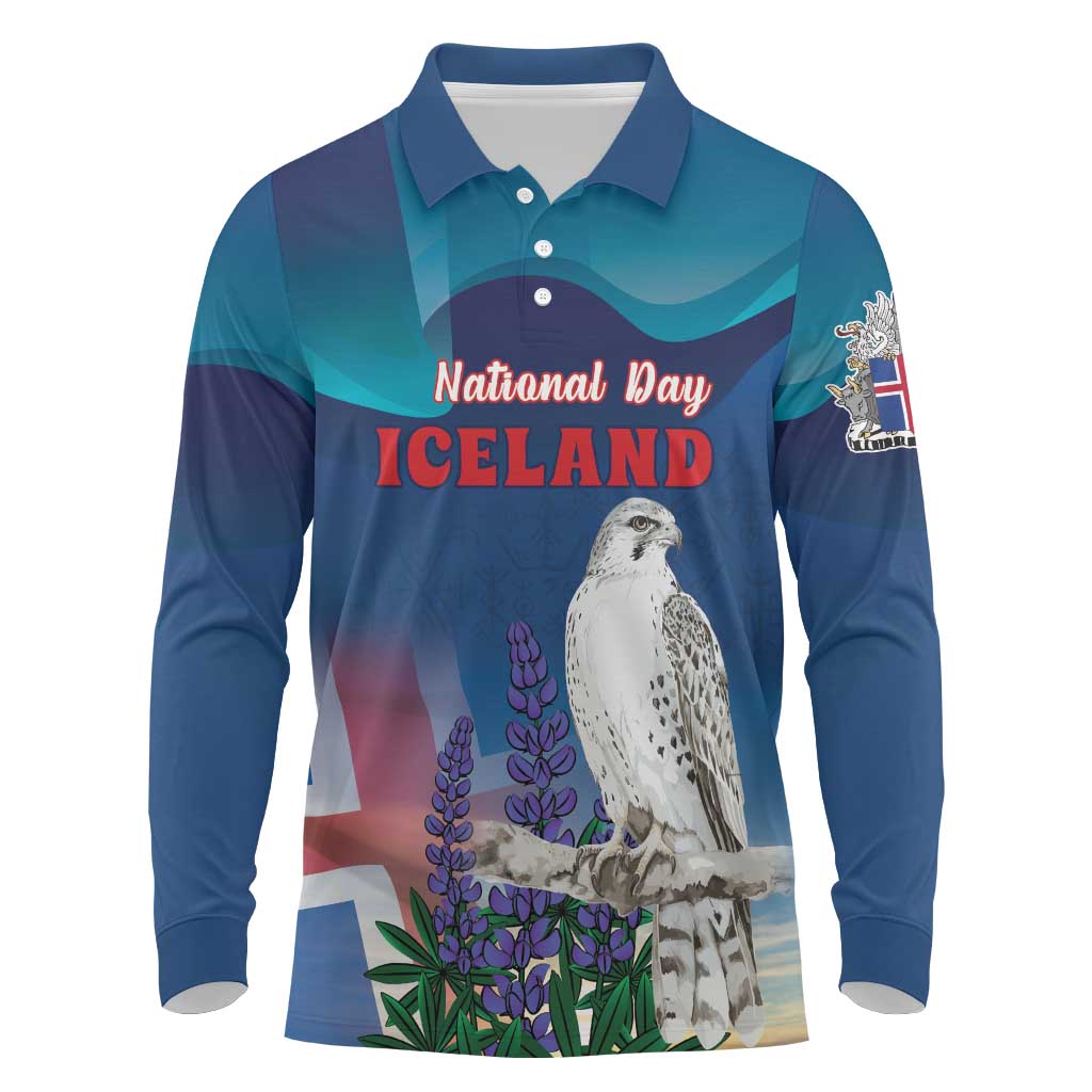 Personalized Iceland National Day Long Sleeve Polo Shirt Gyrfalcon With Lupine Flower