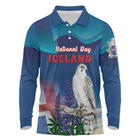 Personalized Iceland National Day Long Sleeve Polo Shirt Gyrfalcon With Lupine Flower