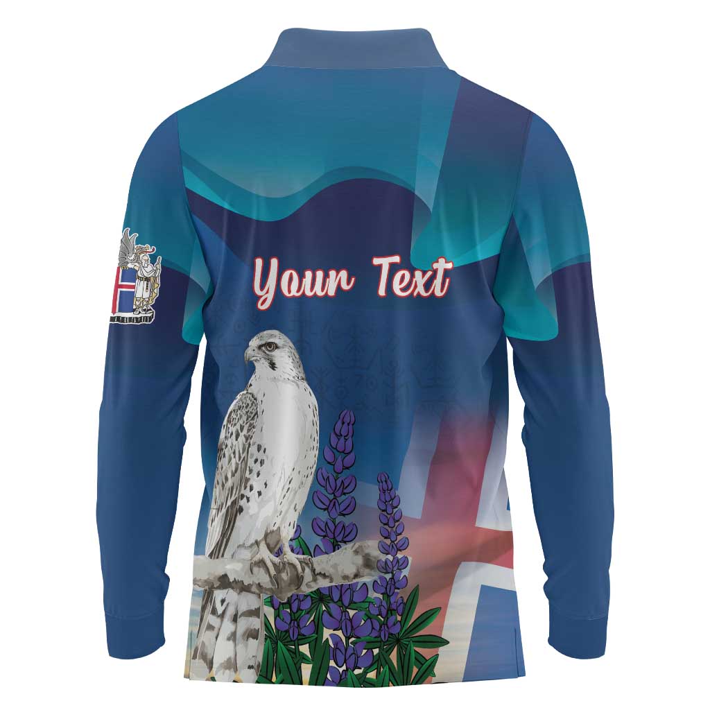 Personalized Iceland National Day Long Sleeve Polo Shirt Gyrfalcon With Lupine Flower