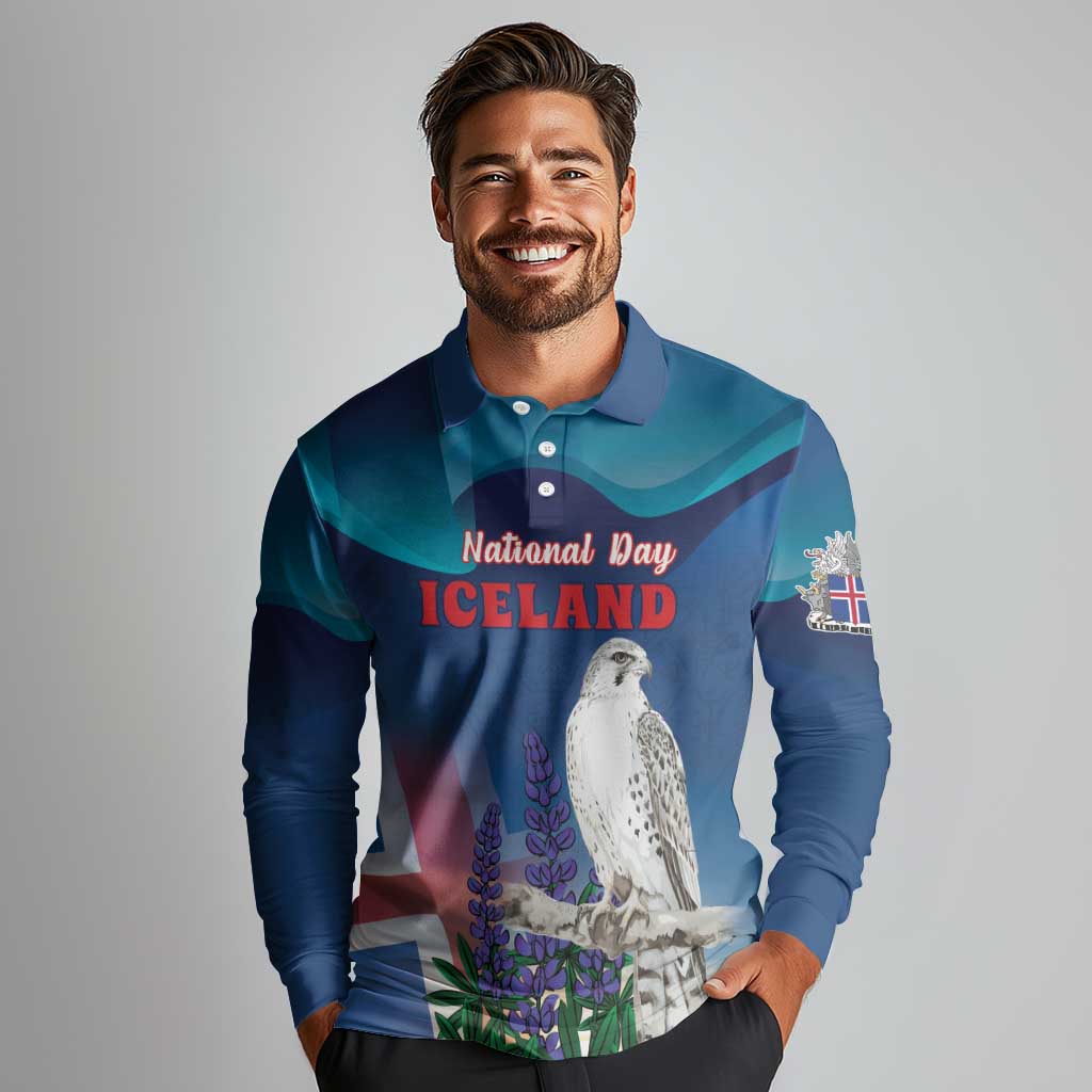 Personalized Iceland National Day Long Sleeve Polo Shirt Gyrfalcon With Lupine Flower