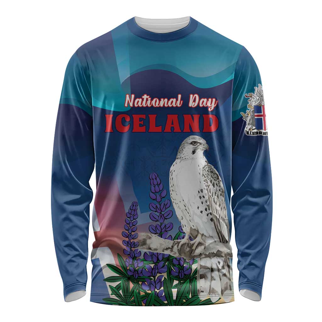 Personalized Iceland National Day Long Sleeve Shirt Gyrfalcon With Lupine Flower