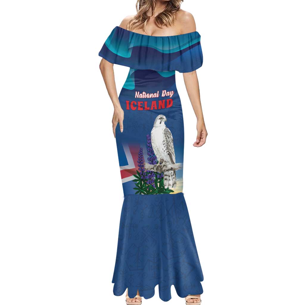 Personalized Iceland National Day Mermaid Dress Gyrfalcon With Lupine Flower