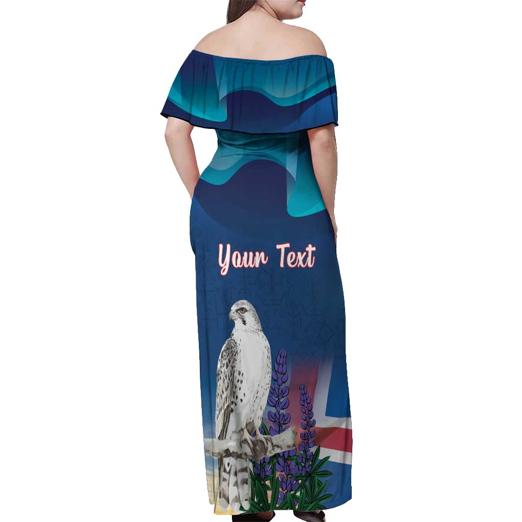 Personalized Iceland National Day Off Shoulder Maxi Dress Gyrfalcon With Lupine Flower