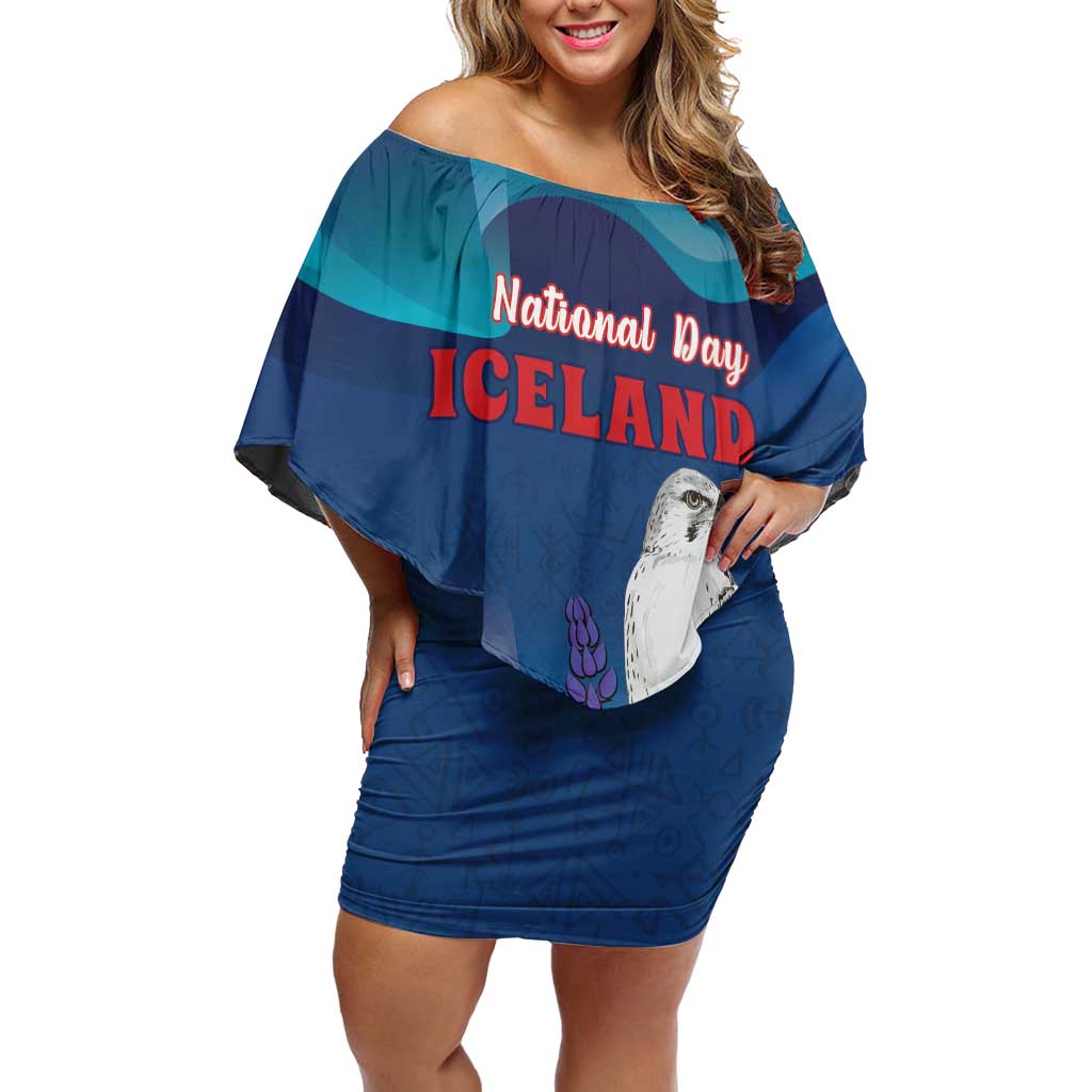 Personalized Iceland National Day Off Shoulder Short Dress Gyrfalcon With Lupine Flower