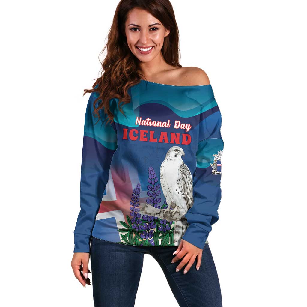 Personalized Iceland National Day Off Shoulder Sweater Gyrfalcon With Lupine Flower
