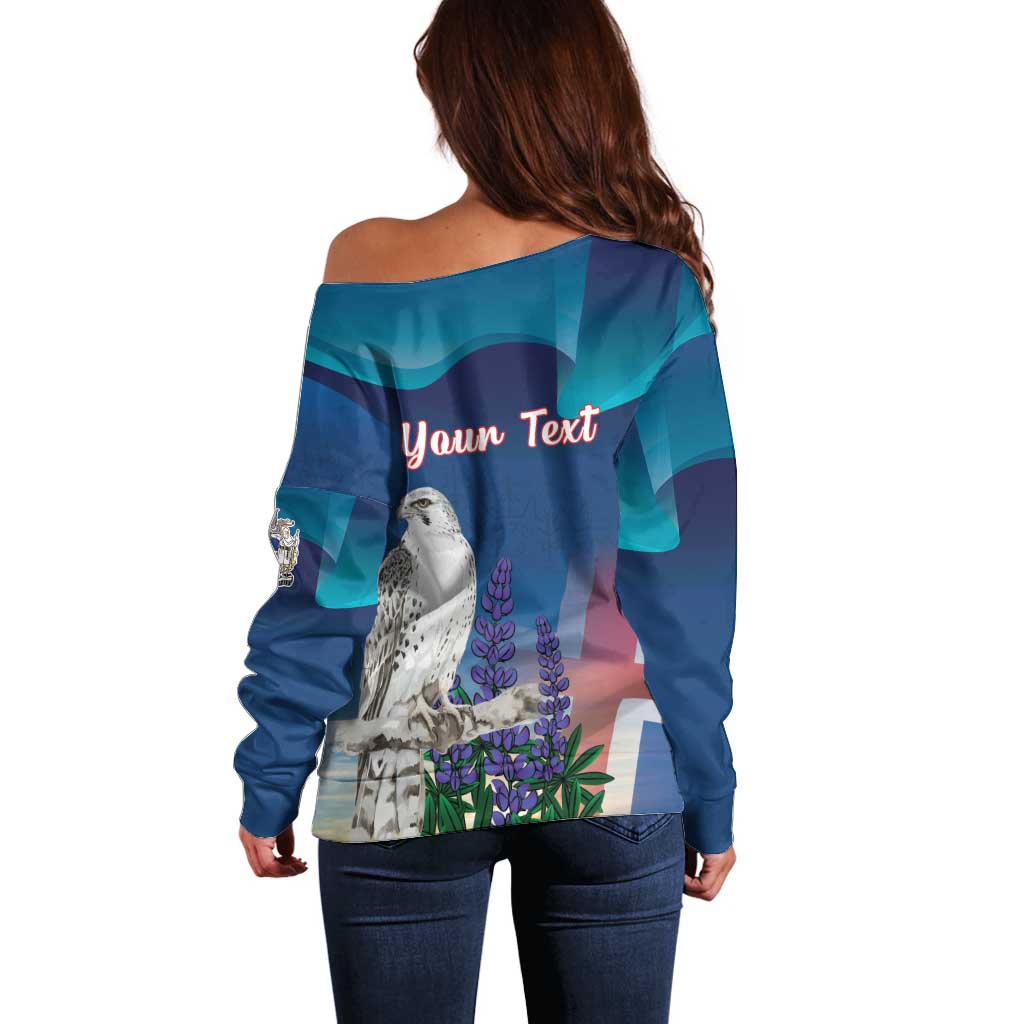 Personalized Iceland National Day Off Shoulder Sweater Gyrfalcon With Lupine Flower