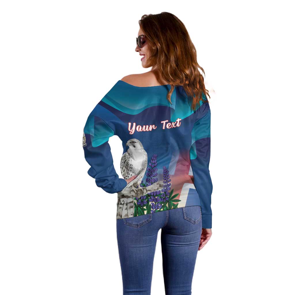 Personalized Iceland National Day Off Shoulder Sweater Gyrfalcon With Lupine Flower