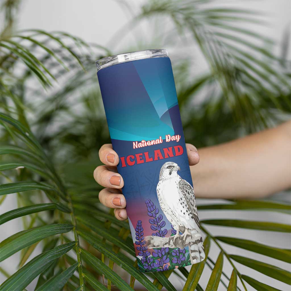 Personalized Iceland National Day Skinny Tumbler Gyrfalcon With Lupine Flower