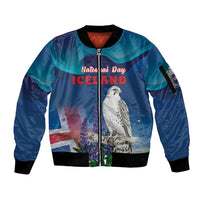 Personalized Iceland National Day Sleeve Zip Bomber Jacket Gyrfalcon With Lupine Flower