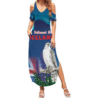 Personalized Iceland National Day Summer Maxi Dress Gyrfalcon With Lupine Flower