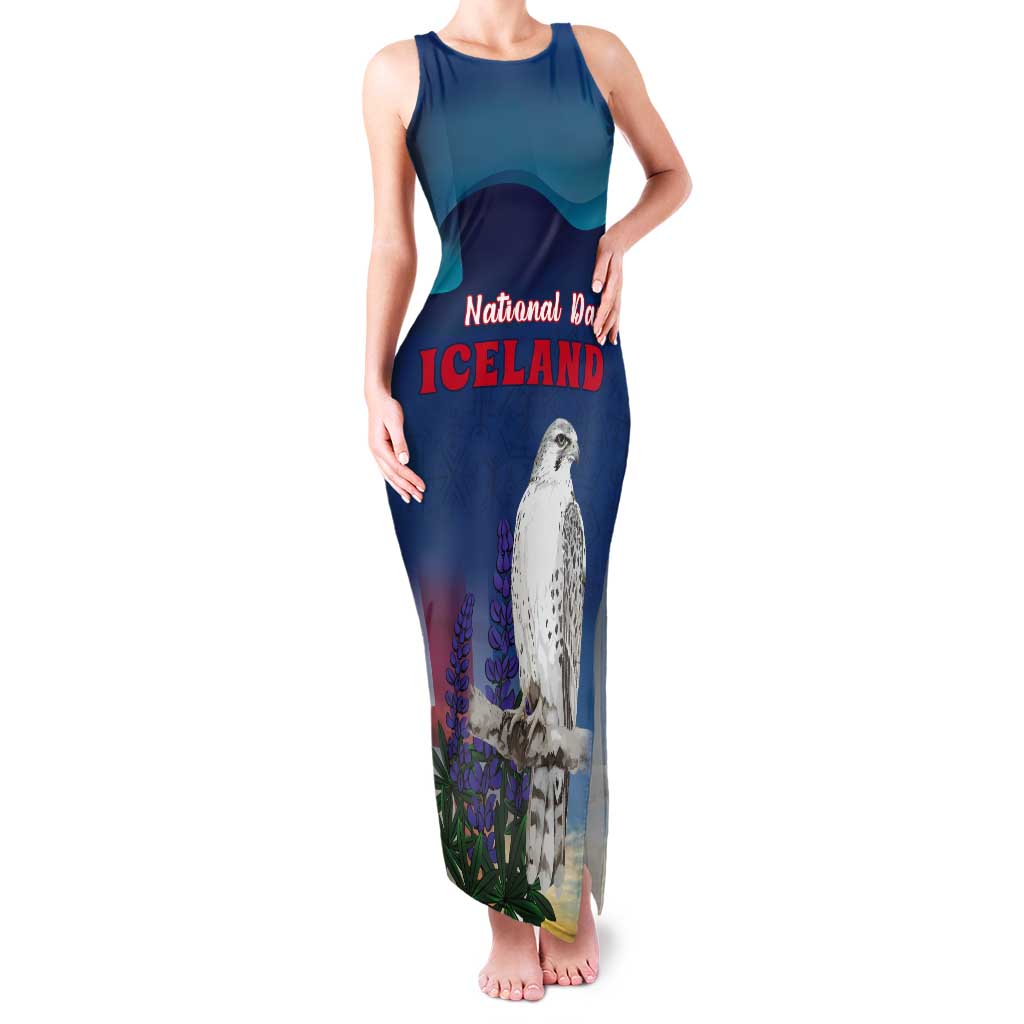 Personalized Iceland National Day Tank Maxi Dress Gyrfalcon With Lupine Flower