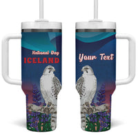 Personalized Iceland National Day Tumbler With Handle Gyrfalcon With Lupine Flower
