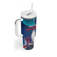 Personalized Iceland National Day Tumbler With Handle Gyrfalcon With Lupine Flower