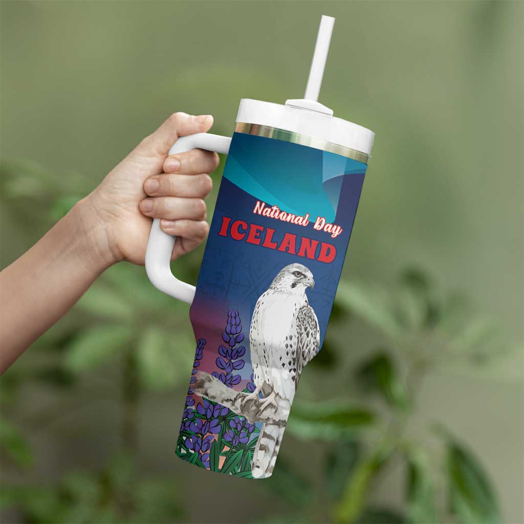 Personalized Iceland National Day Tumbler With Handle Gyrfalcon With Lupine Flower