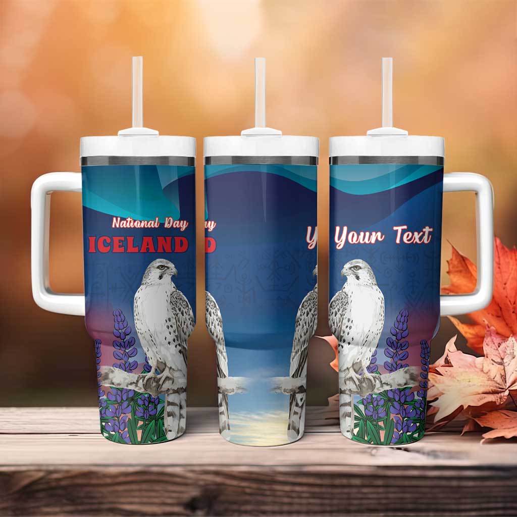 Personalized Iceland National Day Tumbler With Handle Gyrfalcon With Lupine Flower