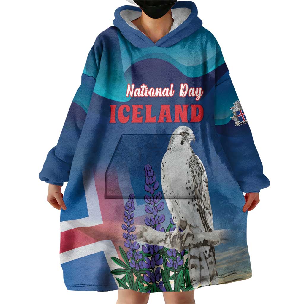 Personalized Iceland National Day Wearable Blanket Hoodie Gyrfalcon With Lupine Flower