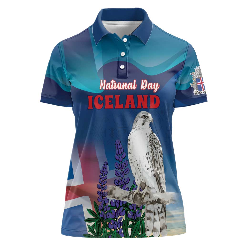 Personalized Iceland National Day Women Polo Shirt Gyrfalcon With Lupine Flower