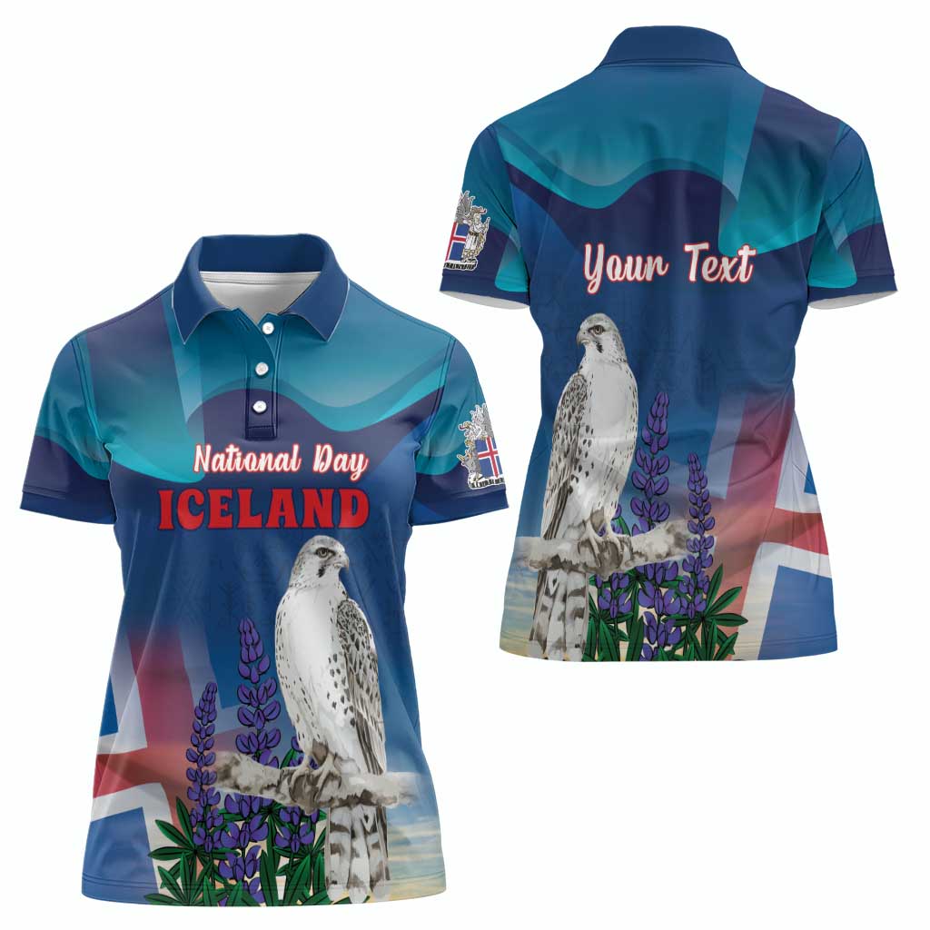 Personalized Iceland National Day Women Polo Shirt Gyrfalcon With Lupine Flower