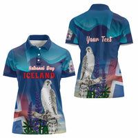 Personalized Iceland National Day Women Polo Shirt Gyrfalcon With Lupine Flower