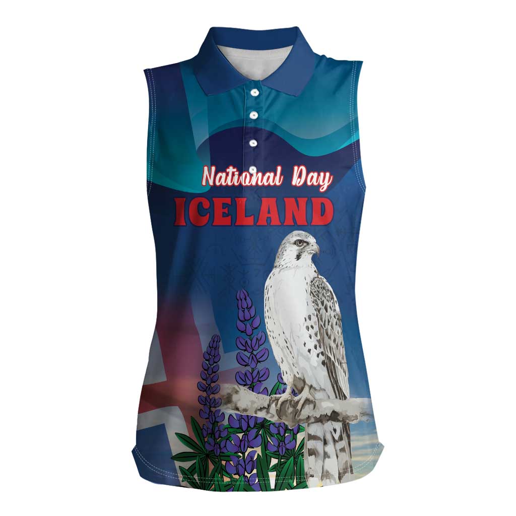 Personalized Iceland National Day Women Sleeveless Polo Shirt Gyrfalcon With Lupine Flower