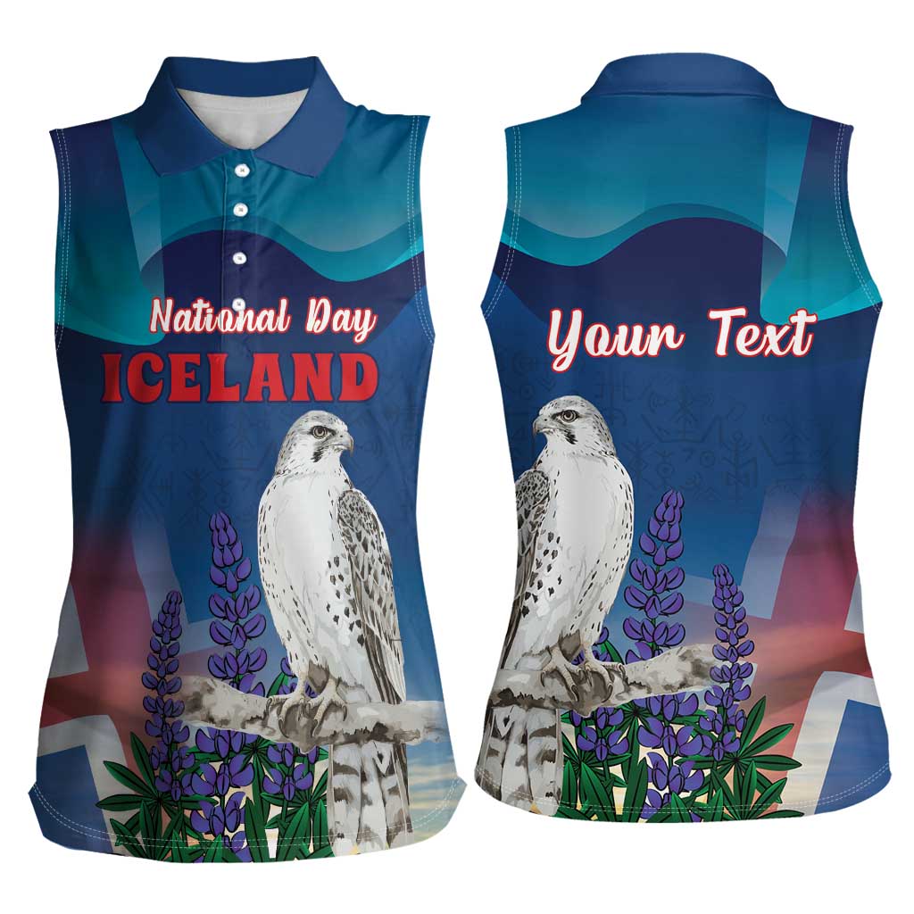 Personalized Iceland National Day Women Sleeveless Polo Shirt Gyrfalcon With Lupine Flower