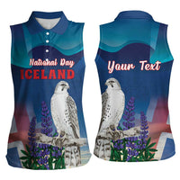 Personalized Iceland National Day Women Sleeveless Polo Shirt Gyrfalcon With Lupine Flower