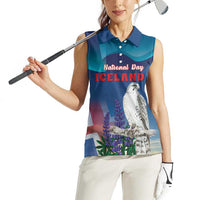 Personalized Iceland National Day Women Sleeveless Polo Shirt Gyrfalcon With Lupine Flower