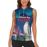 Personalized Iceland National Day Women Sleeveless Polo Shirt Gyrfalcon With Lupine Flower