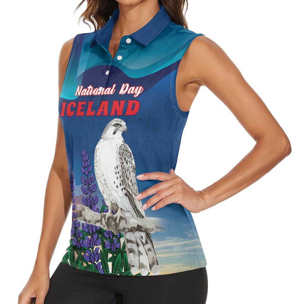Personalized Iceland National Day Women Sleeveless Polo Shirt Gyrfalcon With Lupine Flower