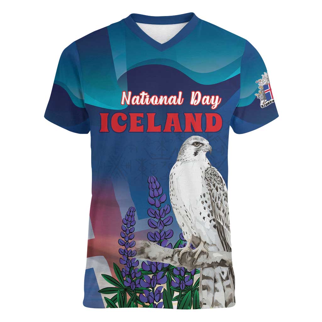 Personalized Iceland National Day Women V-Neck T-Shirt Gyrfalcon With Lupine Flower