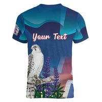 Personalized Iceland National Day Women V-Neck T-Shirt Gyrfalcon With Lupine Flower