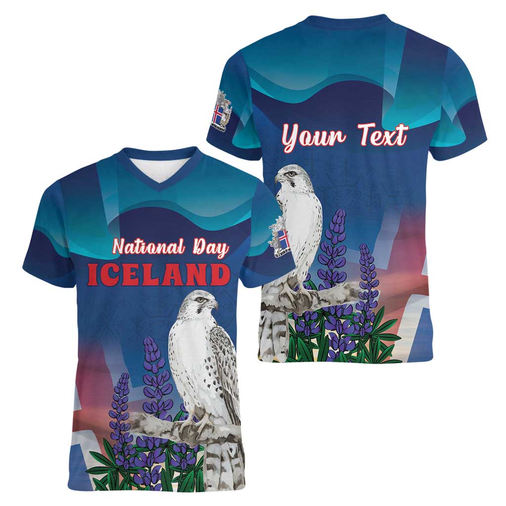 Personalized Iceland National Day Women V-Neck T-Shirt Gyrfalcon With Lupine Flower