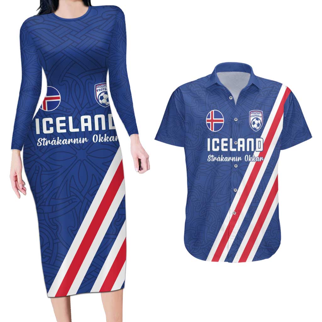 Custom Iceland Football Couples Matching Long Sleeve Bodycon Dress and Hawaiian Shirt Strakarnir Okkar Celtic Pattern