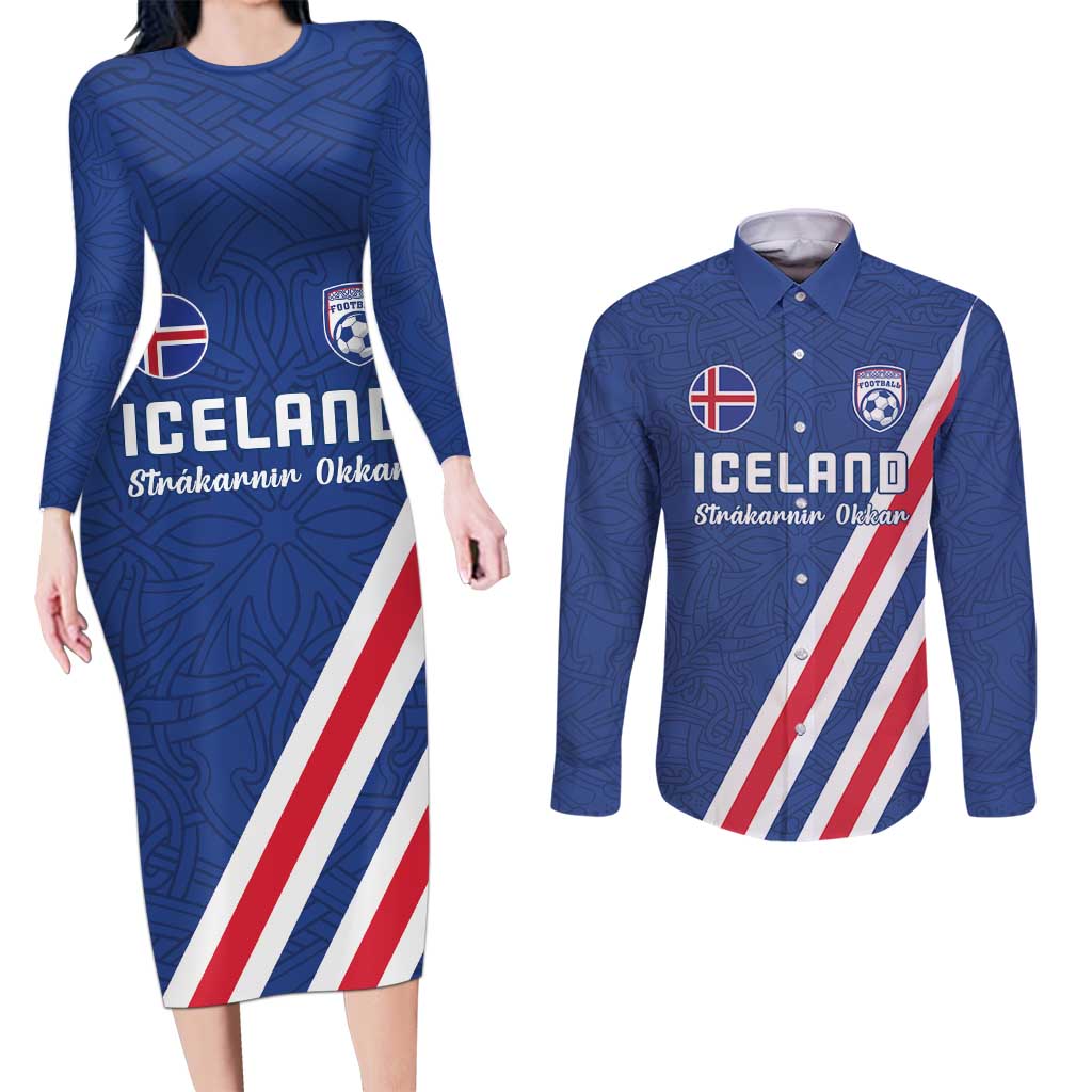 Custom Iceland Football Couples Matching Long Sleeve Bodycon Dress and Long Sleeve Button Shirt Strakarnir Okkar Celtic Pattern