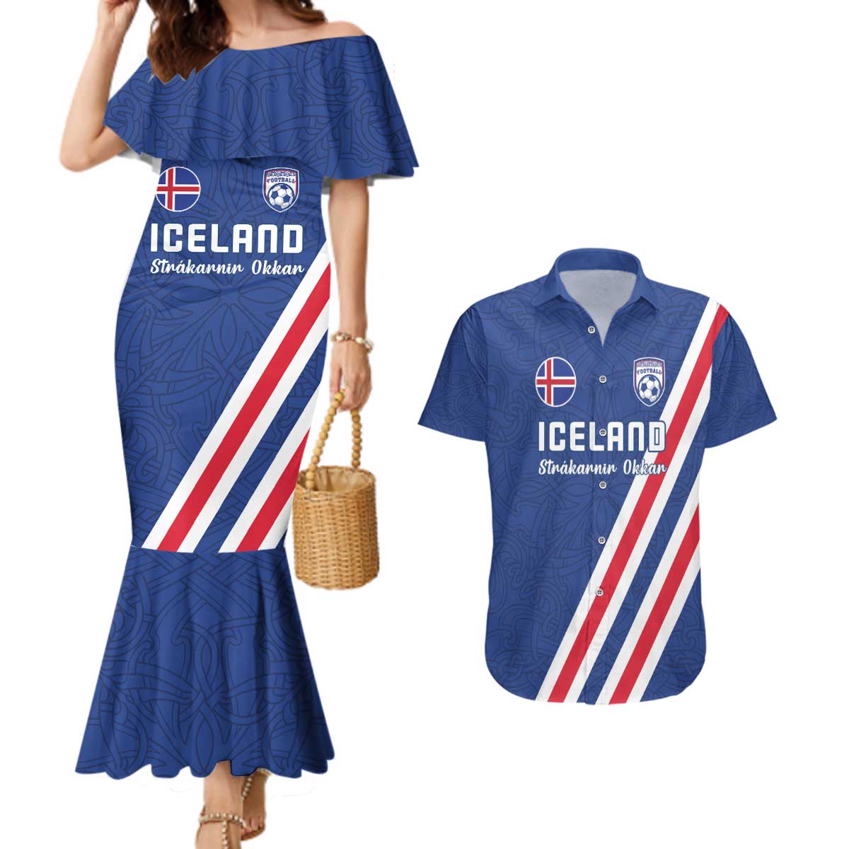 Custom Iceland Football Couples Matching Mermaid Dress and Hawaiian Shirt Strakarnir Okkar Celtic Pattern