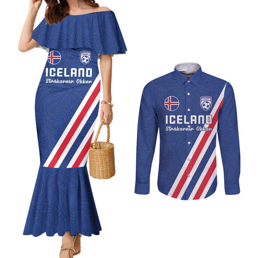 Custom Iceland Football Couples Matching Mermaid Dress and Long Sleeve Button Shirt Strakarnir Okkar Celtic Pattern