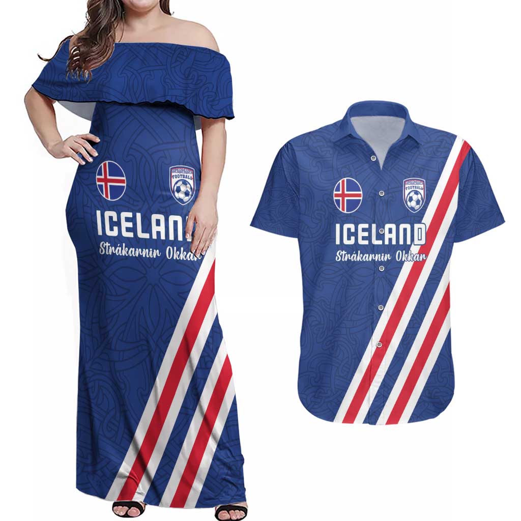 Custom Iceland Football Couples Matching Off Shoulder Maxi Dress and Hawaiian Shirt Strakarnir Okkar Celtic Pattern