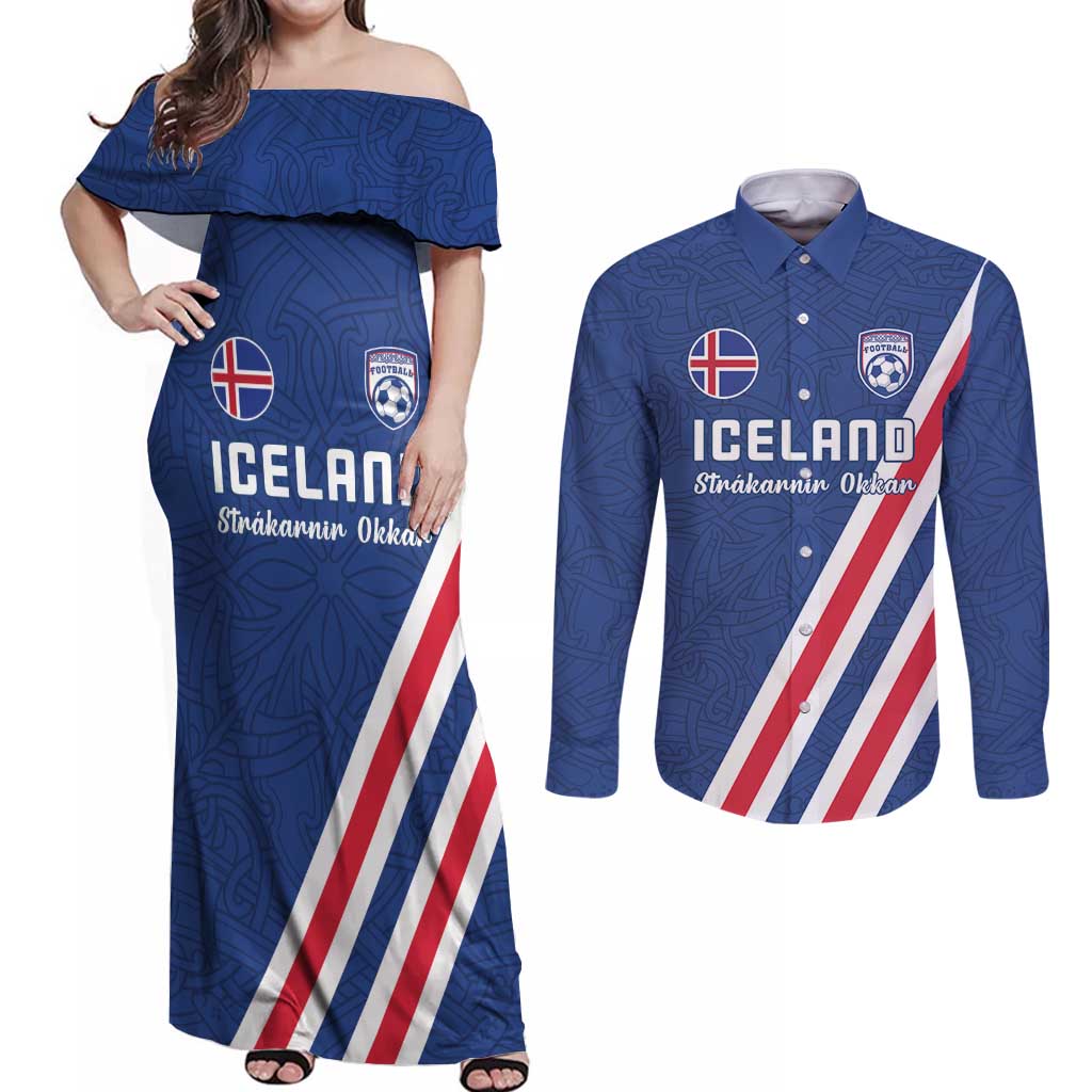 Custom Iceland Football Couples Matching Off Shoulder Maxi Dress and Long Sleeve Button Shirt Strakarnir Okkar Celtic Pattern